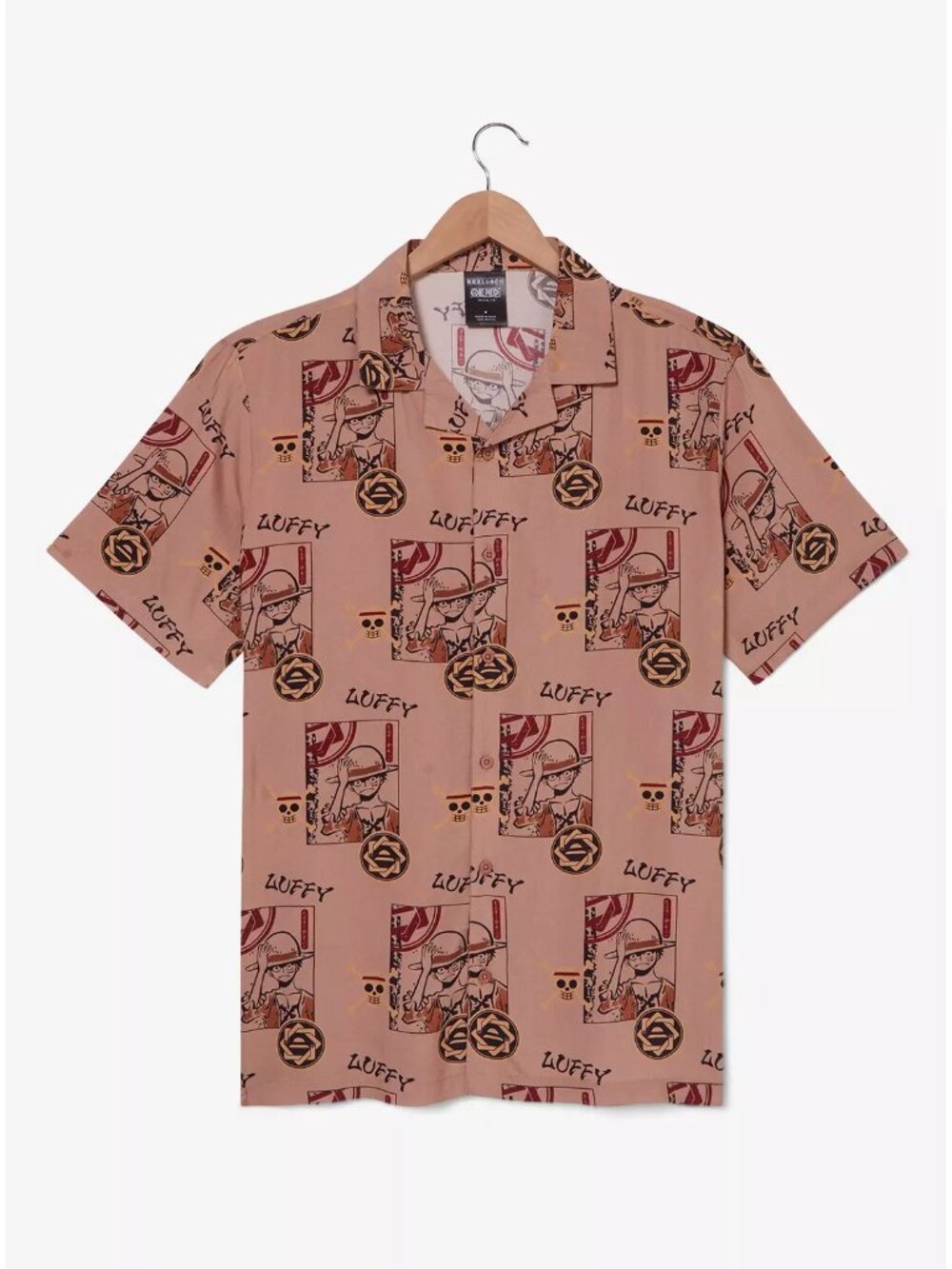 BoxLunch Luffy Print Men’s Casual Button-Down Shirt - Dusty Pink